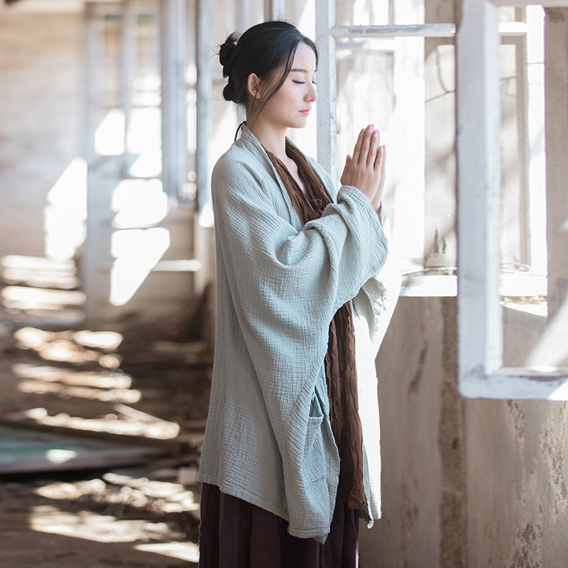 Cardigan: bumbac dublu strat, mâneci tip bat, croială lejeră, spălare prin nisip, stil Zen Wind