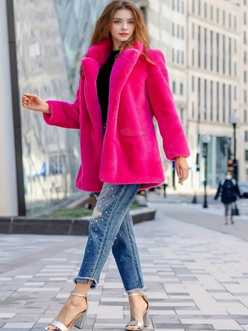 Palton din blană sintetică cu guler rever, mâneci lungi, lungime medie, iarna 2025