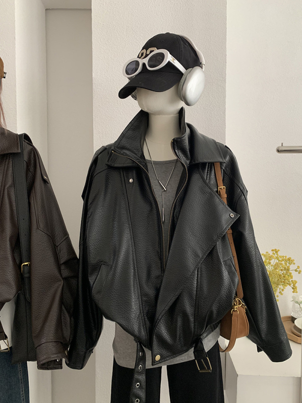 Jachetă din PU pentru femei cu guler Turn-down, fermoar, detalii patchwork, stil retro