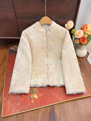 Palton cu blană reală de nurcă, guler înalt detașabil, țesătură jacquard floral din poliester, lungime normală, mâneci lungi, stil chinezesc