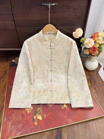 Palton cu blană reală de nurcă, guler înalt detașabil, țesătură jacquard floral din poliester, lungime normală, mâneci lungi, stil chinezesc