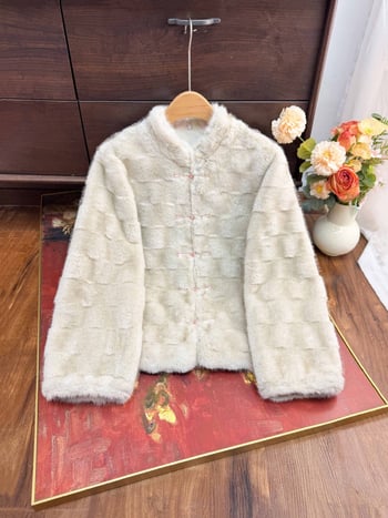 Palton cu blană reală de nurcă, guler înalt detașabil, țesătură jacquard floral din poliester, lungime normală, mâneci lungi, stil chinezesc