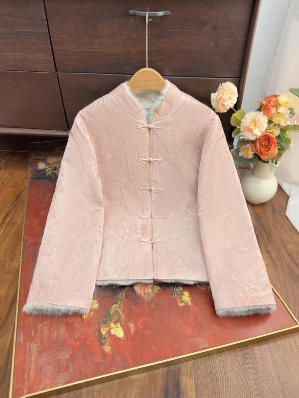 Palton cu blană reală de nurcă, guler înalt detașabil, țesătură jacquard floral din poliester, lungime normală, mâneci lungi, stil chinezesc