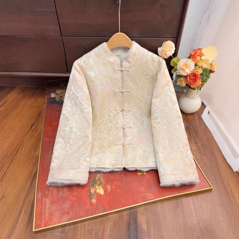 Palton cu blană reală de nurcă, guler înalt detașabil, țesătură jacquard floral din poliester, lungime normală, mâneci lungi, stil chinezesc