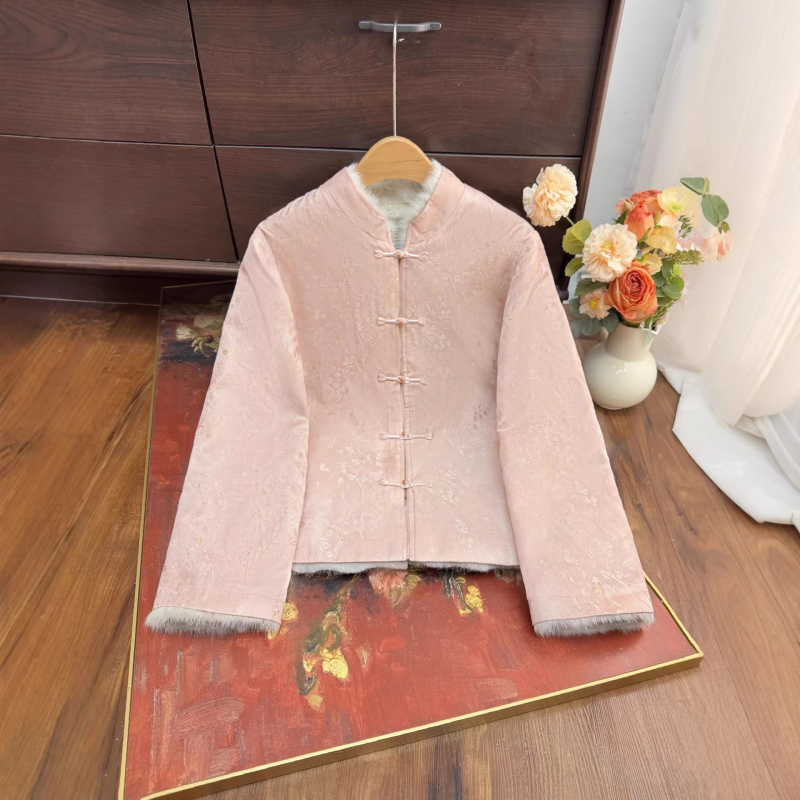 Palton cu blană reală de nurcă, guler înalt detașabil, țesătură jacquard floral din poliester, lungime normală, mâneci lungi, stil chinezesc