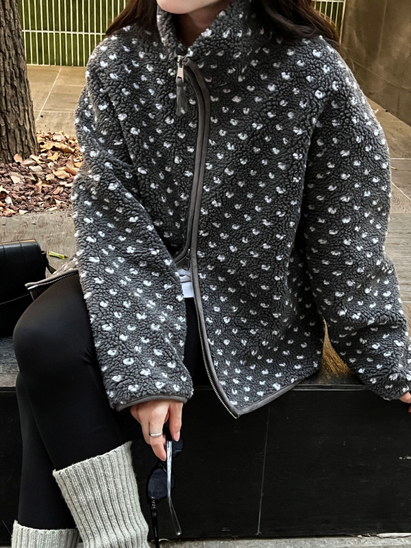 Jakna od ovčje vune s točkastim uzorkom, stojeći ovratnik, zatvarač, retro stil