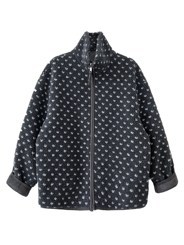 Jakna od ovčje vune s točkastim uzorkom, stojeći ovratnik, zatvarač, retro stil