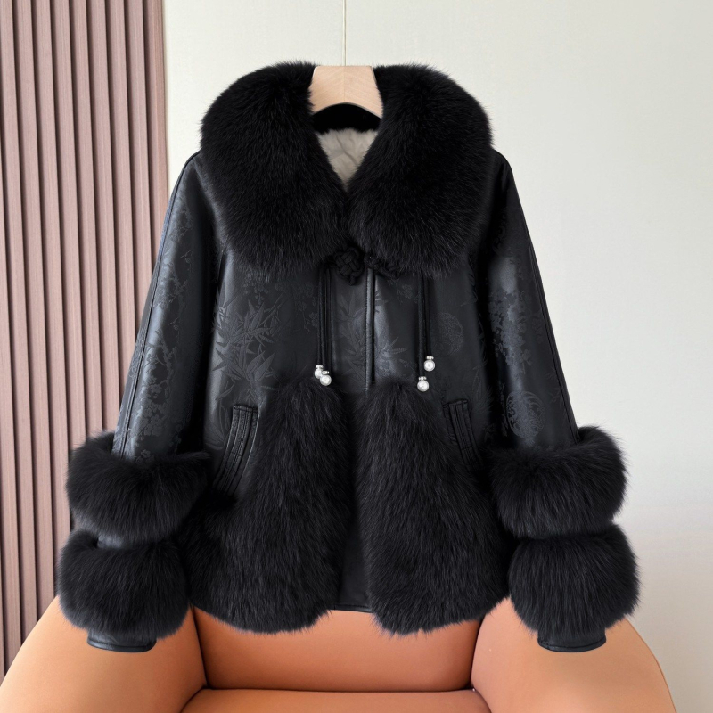 Palton de blană de vulpe, fără mâneci, lungime ultra-scurtă, guler polo, țesătură chenille cu elastan