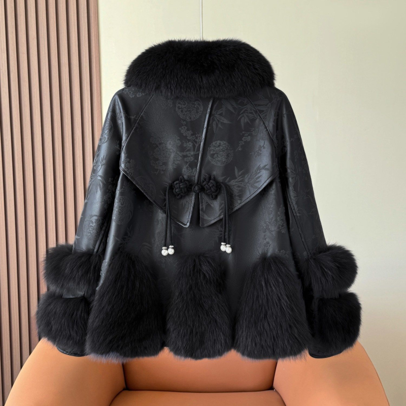 Palton de blană de vulpe, fără mâneci, lungime ultra-scurtă, guler polo, țesătură chenille cu elastan