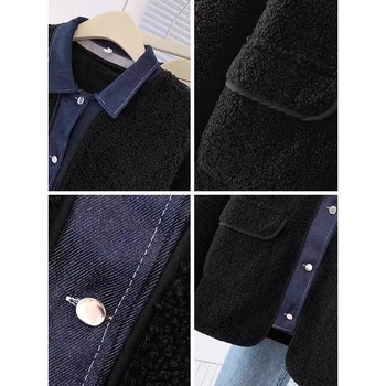 Palton din lână de miel, panouri contrastante, patchwork, guler polo, lungime normală, mâneci lungi