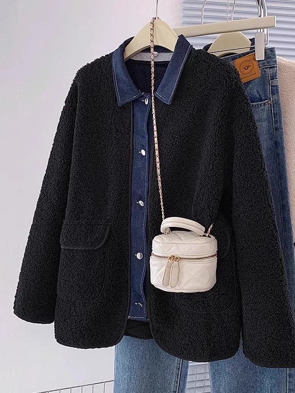 Palton din lână de miel, panouri contrastante, patchwork, guler polo, lungime normală, mâneci lungi