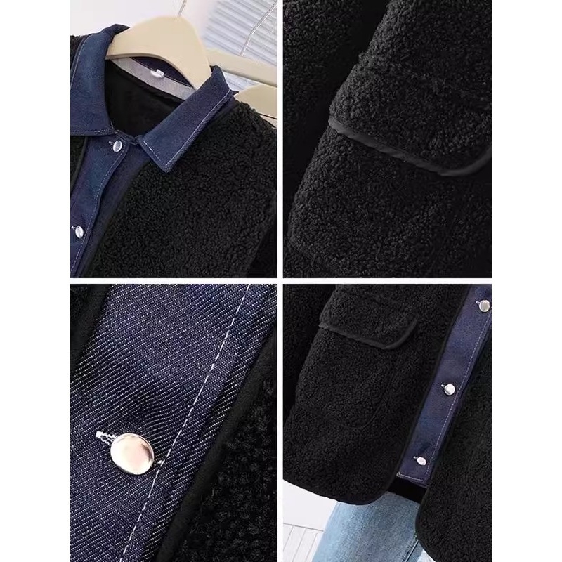 Palton din lână de miel, panouri contrastante, patchwork, guler polo, lungime normală, mâneci lungi