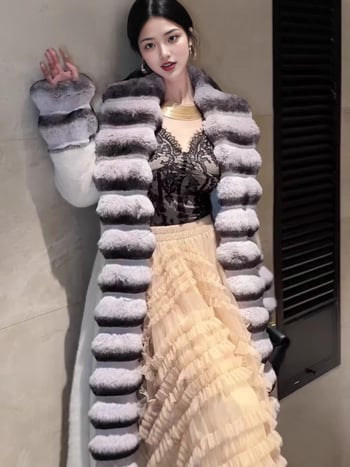 Μακρύ παλτό γούνας από συνθετική γούνα με μοτίβο chinchilla και γούνα Rex κουνελιού, γιακά τύπου πέτο με γούνα, ύφασμα πολυεστέρα