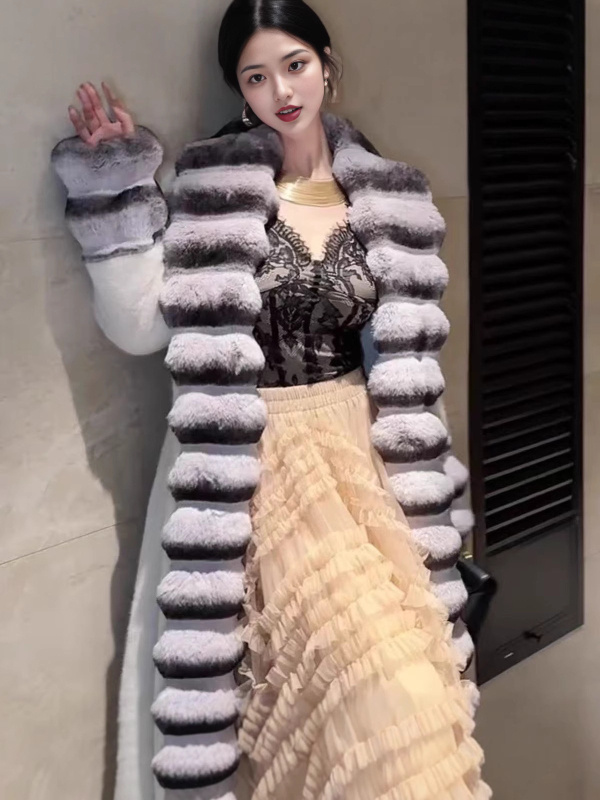 Μακρύ παλτό γούνας από συνθετική γούνα με μοτίβο chinchilla και γούνα Rex κουνελιού, γιακά τύπου πέτο με γούνα, ύφασμα πολυεστέρα