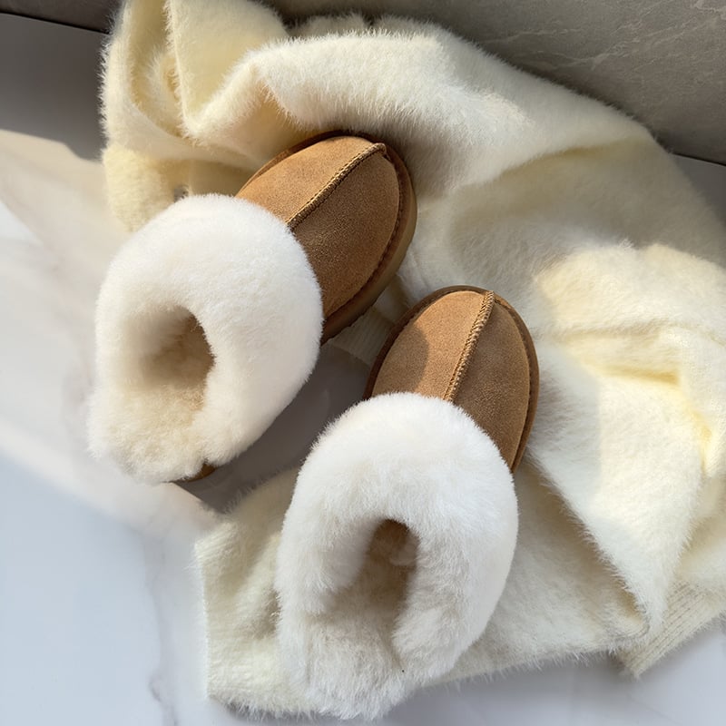 Papuci de femei cu partea superioară din nubuc, căptușeală din blană artificială, talpă din cauciuc, slip-on, grosime talpă 0–3 cm, iarnă 2025