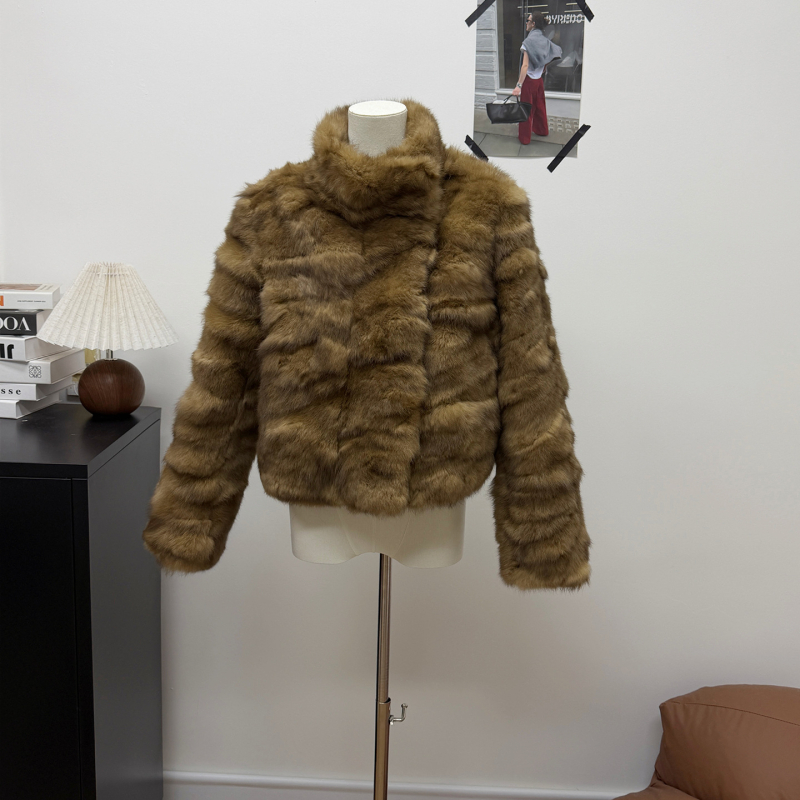 Ženski kratki kaput od krzna kunića, elegantan gradski stil, dugi rukavi
