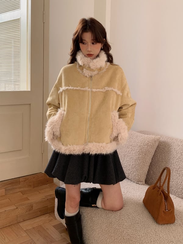 Ženska jakna od umjetnog velura s integriranim plišem, korejski stil, debela zimska, standardna duljina, zip, poliester