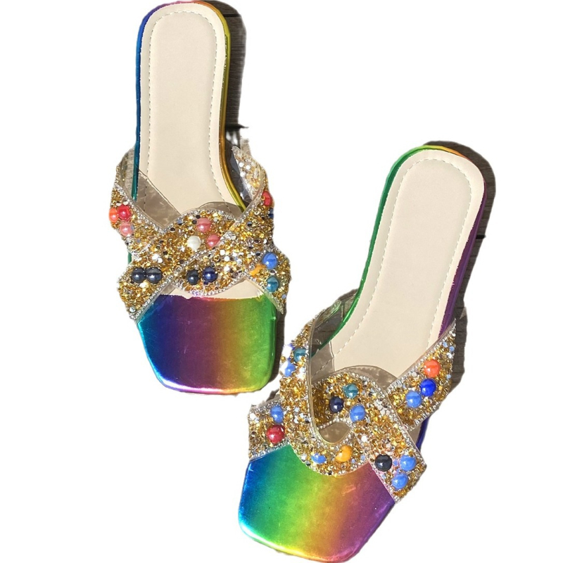Ženske sandale s četvrtastim vrhom, plosna potplata — ukrašene velikim kamenčićima rhinestones, PU gornji dio, gumena potplat, plažni stil, ljeto 2024