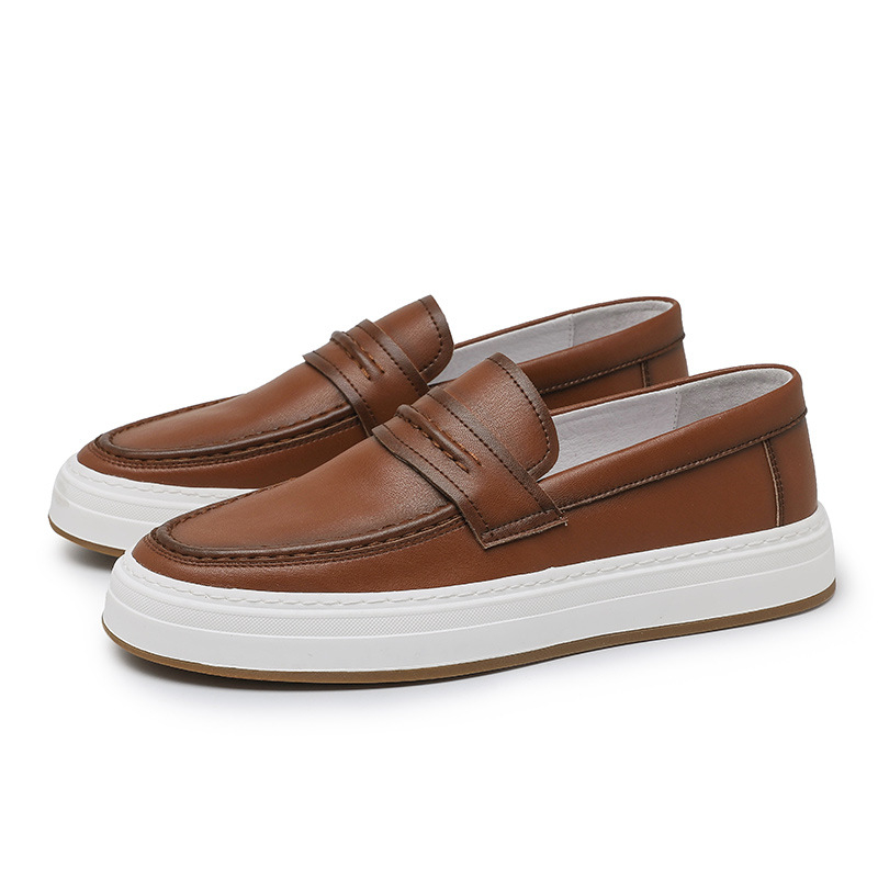 Muške mokasice od prave kože, slip-on, okrugli nos, niski gornji dio, gumeni potplat