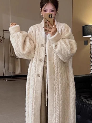 Dugi kaput od umjetne norke, produženi kroj, V izrez, raglan rukavi, gradski stil, za žene