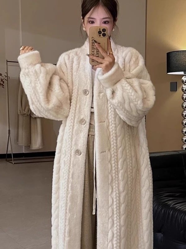 Dugi kaput od umjetne norke, produženi kroj, V izrez, raglan rukavi, gradski stil, za žene