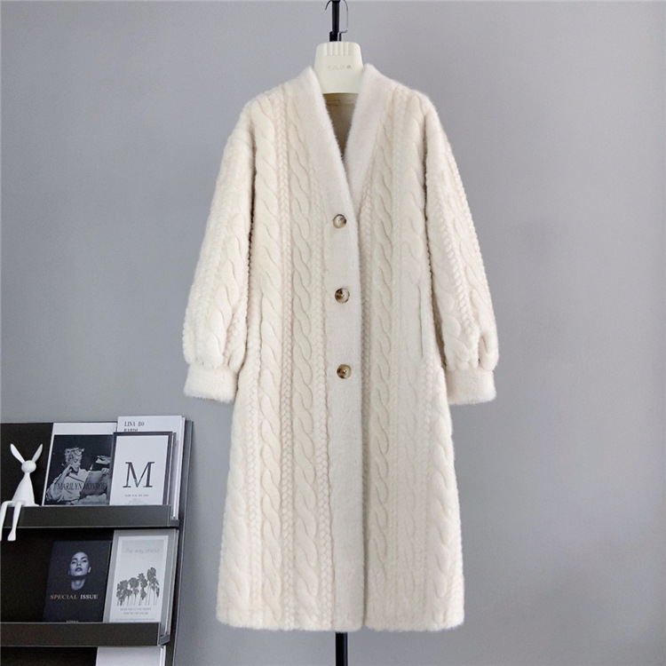 Dugi kaput od umjetne norke, produženi kroj, V izrez, raglan rukavi, gradski stil, za žene