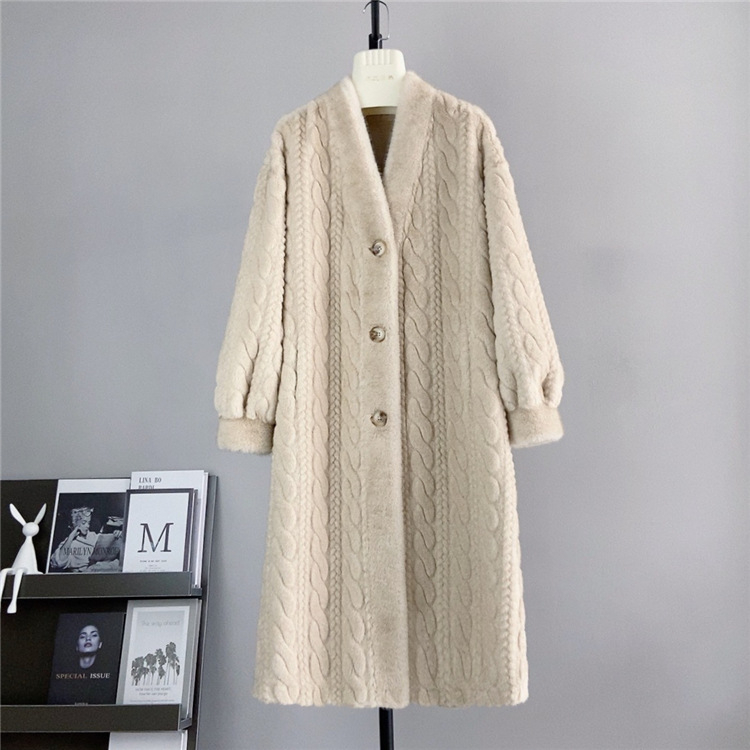 Dugi kaput od umjetne norke, produženi kroj, V izrez, raglan rukavi, gradski stil, za žene