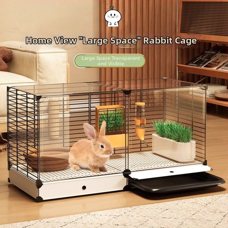 Ξύλινο κλουβί για κουνέλια, εσωτερική διαφανής βίλα και αυτόματο καθαρισμό περιττωμάτων