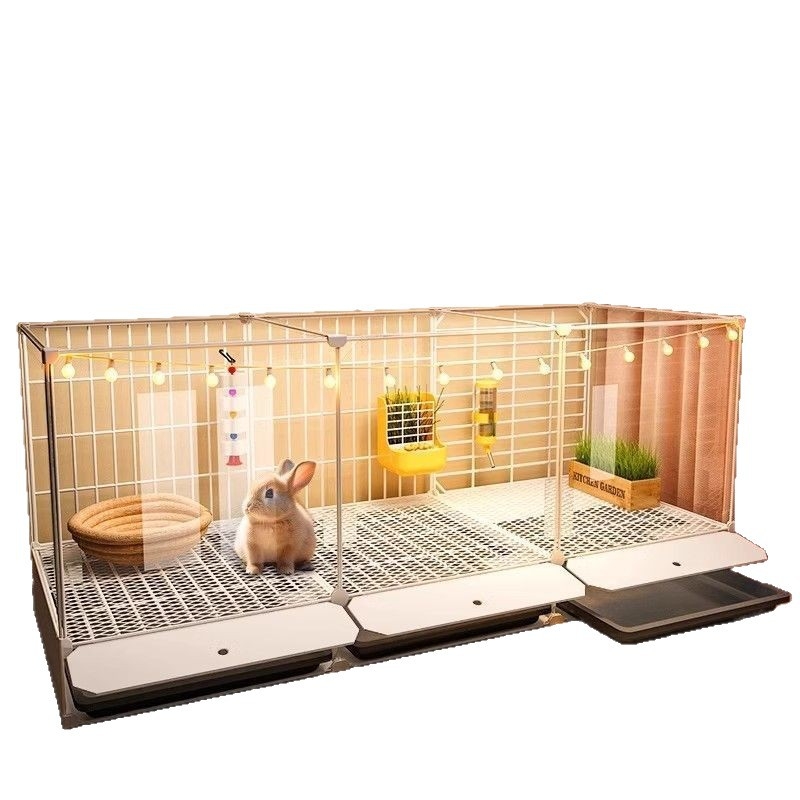 Ξύλινο κλουβί για κουνέλια, εσωτερική διαφανής βίλα και αυτόματο καθαρισμό περιττωμάτων