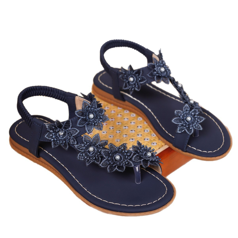Boho sandale s cvjetnim motivom i perlama – plošne udobne za žene; gornji materijal: koža krava; podstava: PU; potplat: TPR; okrugli vrh; stražnji remen; elastična traka