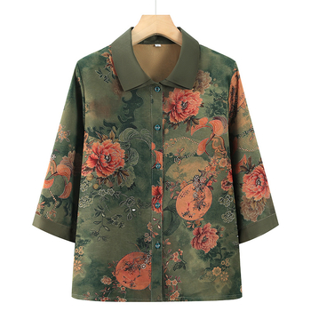 Poliészter női blúz 3/4-ás ujjakkal, kínai stílusú művészi vintage mintával, nyár 2025