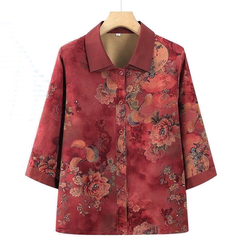 Poliészter női blúz 3/4-ás ujjakkal, kínai stílusú művészi vintage mintával, nyár 2025