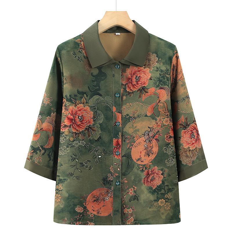 Poliészter női blúz 3/4-ás ujjakkal, kínai stílusú művészi vintage mintával, nyár 2025