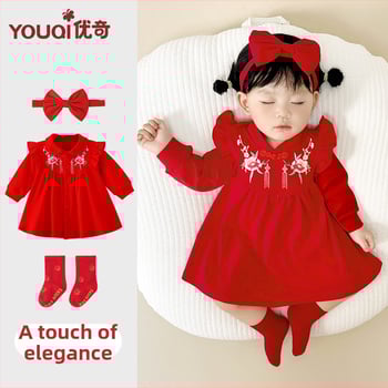 Детска рокля в китайски стил, А-линия, 95% памук, подплата от памук, подгъв с рюш