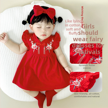 Детска рокля в китайски стил, А-линия, 95% памук, подплата от памук, подгъв с рюш