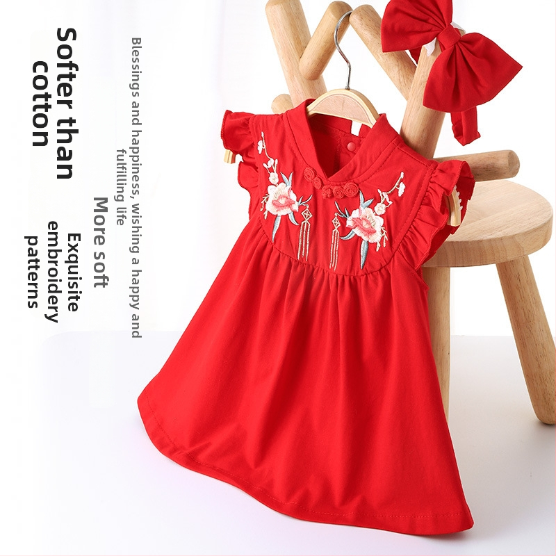 Детска рокля в китайски стил, А-линия, 95% памук, подплата от памук, подгъв с рюш