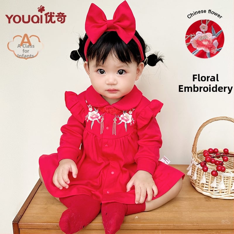 Детска рокля в китайски стил, А-линия, 95% памук, подплата от памук, подгъв с рюш