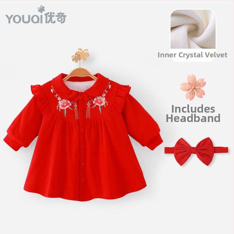 Детска рокля в китайски стил, А-линия, 95% памук, подплата от памук, подгъв с рюш