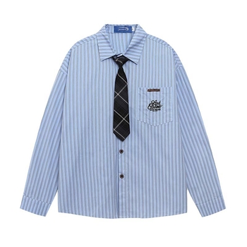 Cămașă cu broderie, model cu dungi și design inspirat de cravată, guler rever, mâneci lungi