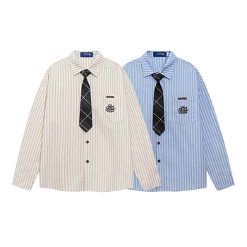 Cămașă cu broderie, model cu dungi și design inspirat de cravată, guler rever, mâneci lungi