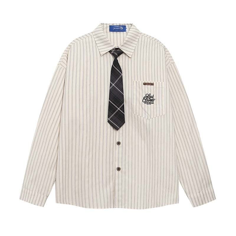 Cămașă cu broderie, model cu dungi și design inspirat de cravată, guler rever, mâneci lungi