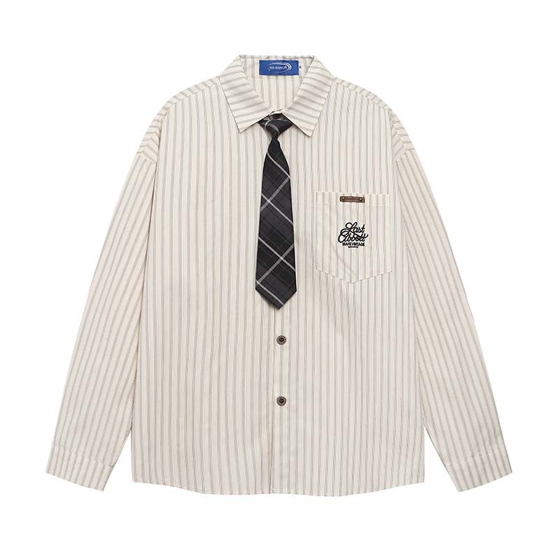 Cămașă cu broderie, model cu dungi și design inspirat de cravată, guler rever, mâneci lungi