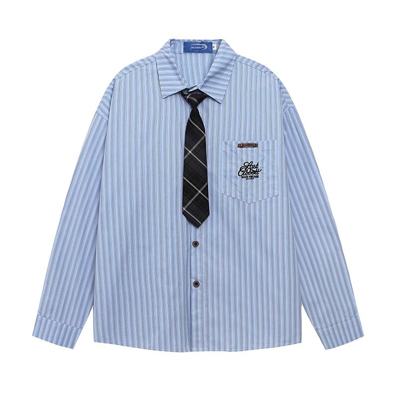 Cămașă cu broderie, model cu dungi și design inspirat de cravată, guler rever, mâneci lungi