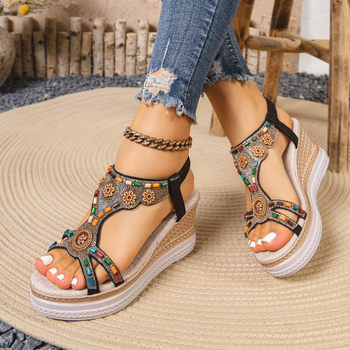 Sandale romane, stil european-american chic (Parte superioară: material textil; Formă a vârfului: gură de pește; Înălțime toc: 7,5 cm; Grosime talpă: 7,5 cm)