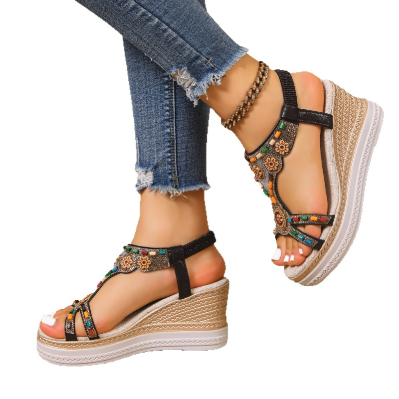 Sandale romane, stil european-american chic (Parte superioară: material textil; Formă a vârfului: gură de pește; Înălțime toc: 7,5 cm; Grosime talpă: 7,5 cm)