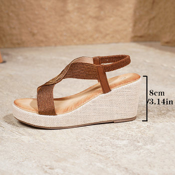 Sandale feminine brodate pentru creșterea înălțimii, slip-on, partea superioară din PU și căptușeală PU, talpă TPR, toc în formă de pană 6–8 cm