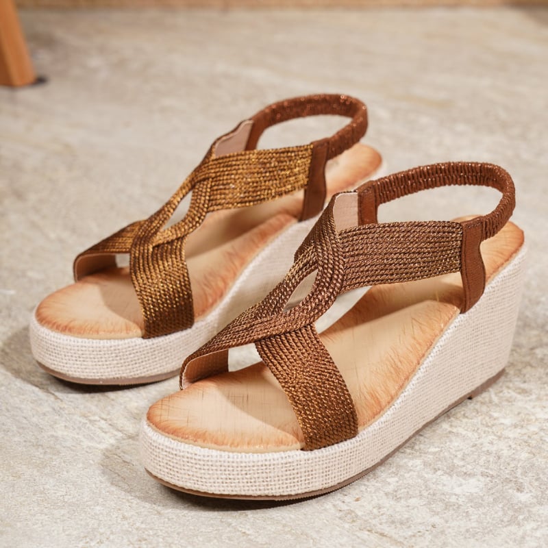 Sandale feminine brodate pentru creșterea înălțimii, slip-on, partea superioară din PU și căptușeală PU, talpă TPR, toc în formă de pană 6–8 cm