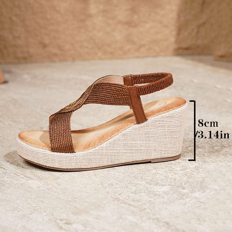 Sandale feminine brodate pentru creșterea înălțimii, slip-on, partea superioară din PU și căptușeală PU, talpă TPR, toc în formă de pană 6–8 cm