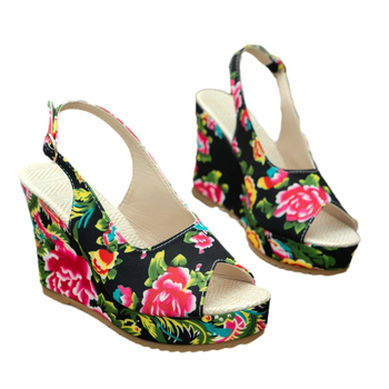Sandale cu platformă, design floral, vârf în formă de gură de pește, partea superioară PU, talpă din cauciuc