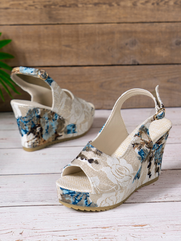 Sandale cu platformă, design floral, vârf în formă de gură de pește, partea superioară PU, talpă din cauciuc